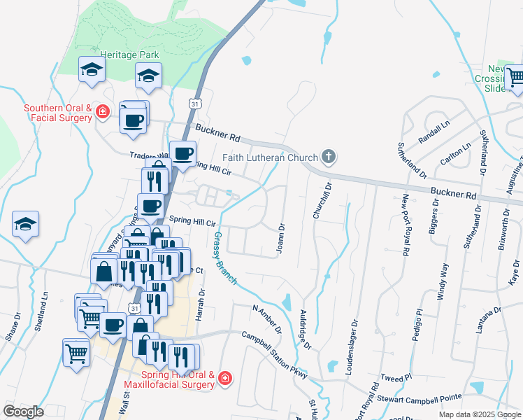 map of restaurants, bars, coffee shops, grocery stores, and more near 2148 Spring Hill Circle in Spring Hill