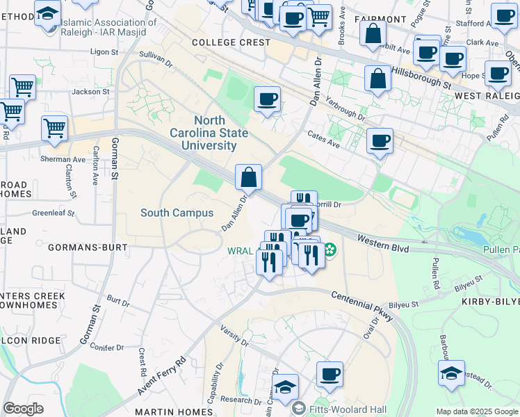 map of restaurants, bars, coffee shops, grocery stores, and more near 2725 Western Boulevard in Raleigh