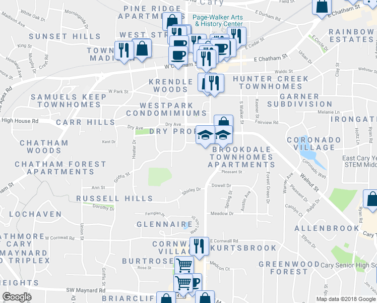 map of restaurants, bars, coffee shops, grocery stores, and more near 425 South Harrison Avenue in Cary