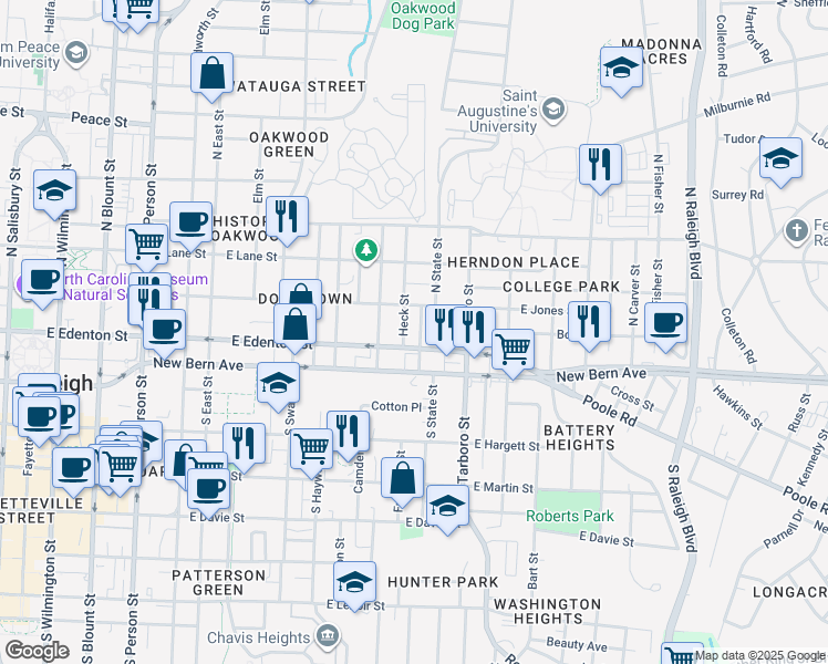 map of restaurants, bars, coffee shops, grocery stores, and more near 105 North State Street in Raleigh