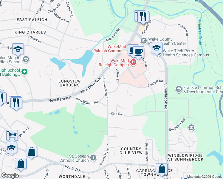 map of restaurants, bars, coffee shops, grocery stores, and more near 148 Luther Road in Raleigh