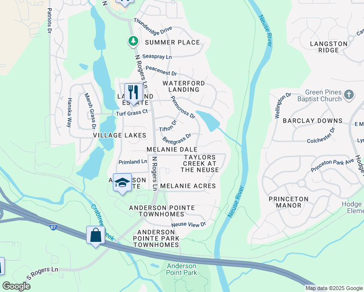 map of restaurants, bars, coffee shops, grocery stores, and more near 505 Dandelion Court in Raleigh