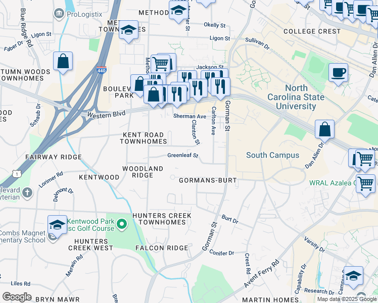 map of restaurants, bars, coffee shops, grocery stores, and more near 3915 Greenleaf Street in Raleigh