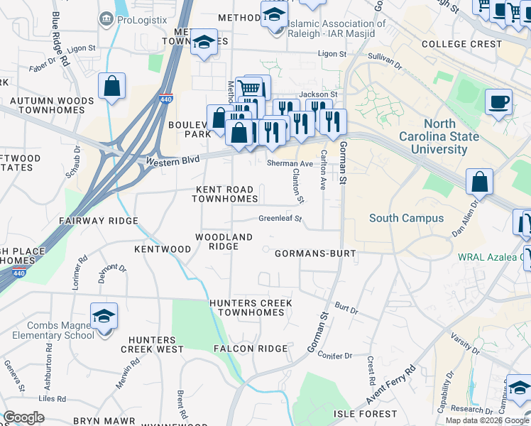 map of restaurants, bars, coffee shops, grocery stores, and more near 4006 Greenleaf Street in Raleigh