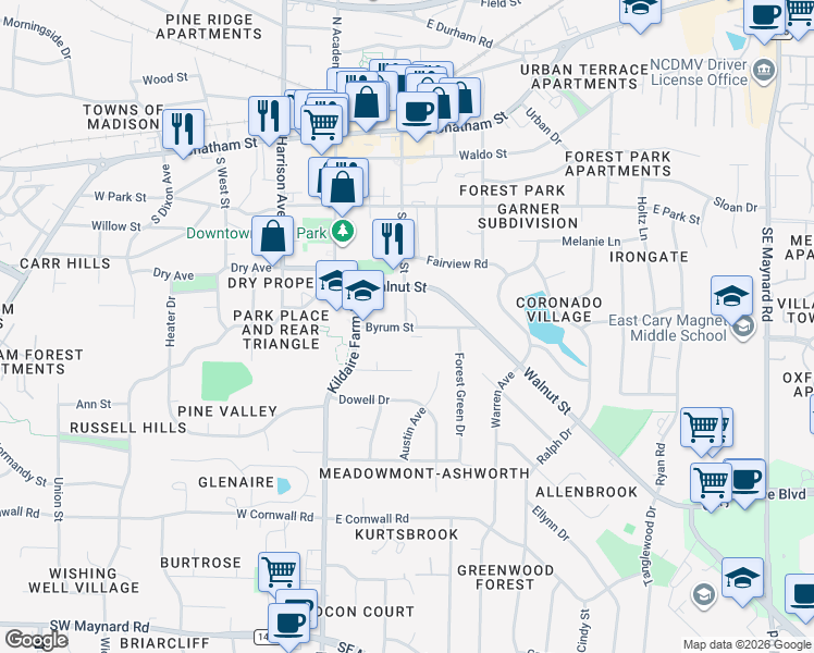 map of restaurants, bars, coffee shops, grocery stores, and more near 120 Byrum Street in Cary