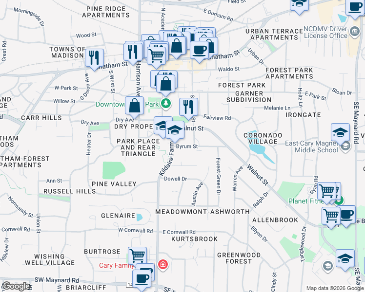 map of restaurants, bars, coffee shops, grocery stores, and more near in Cary