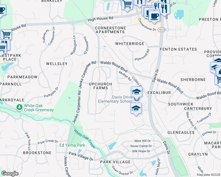 map of restaurants, bars, coffee shops, grocery stores, and more near 257 Joshua Glen Lane in Cary