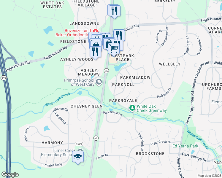 map of restaurants, bars, coffee shops, grocery stores, and more near 109 Park Oaks Court in Cary