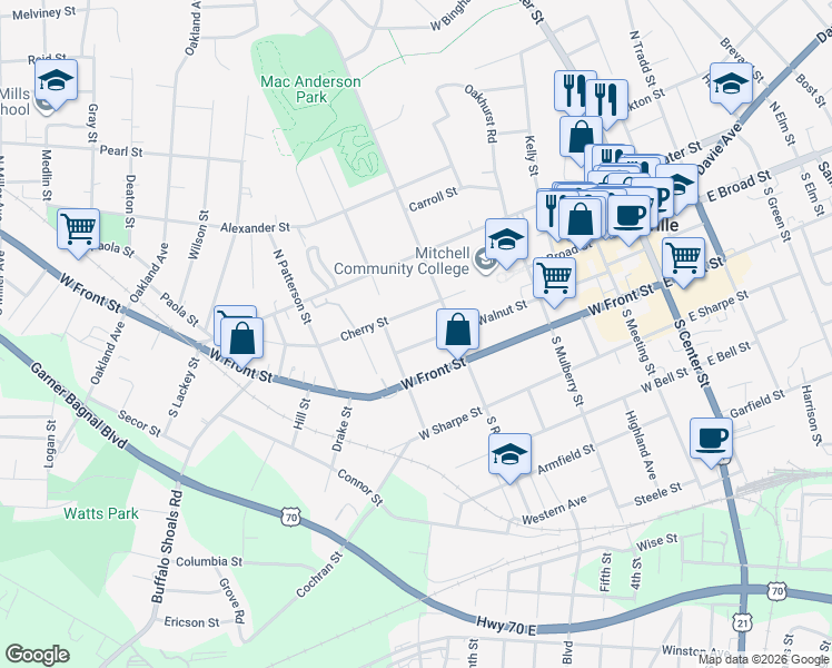 map of restaurants, bars, coffee shops, grocery stores, and more near 624 Walnut Street in Statesville