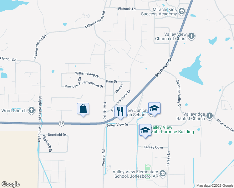 map of restaurants, bars, coffee shops, grocery stores, and more near 5306 Jean Drive in Jonesboro