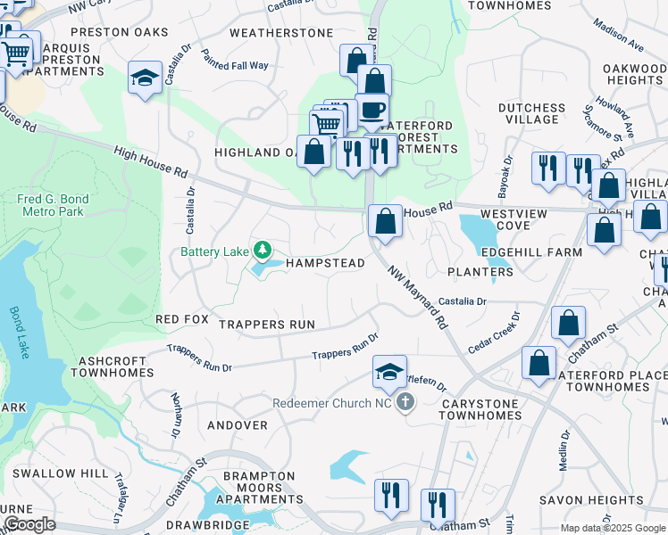 map of restaurants, bars, coffee shops, grocery stores, and more near 117 Antler Point Drive in Cary