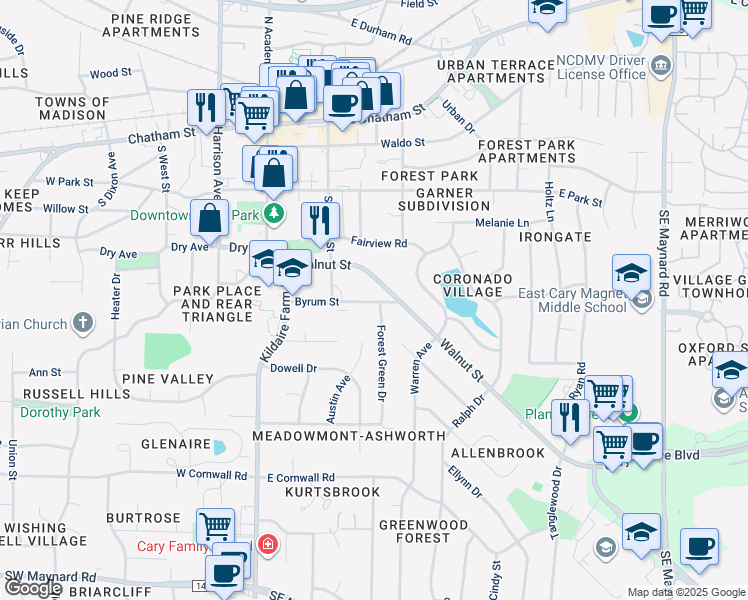 map of restaurants, bars, coffee shops, grocery stores, and more near 215 Byrum Street in Cary