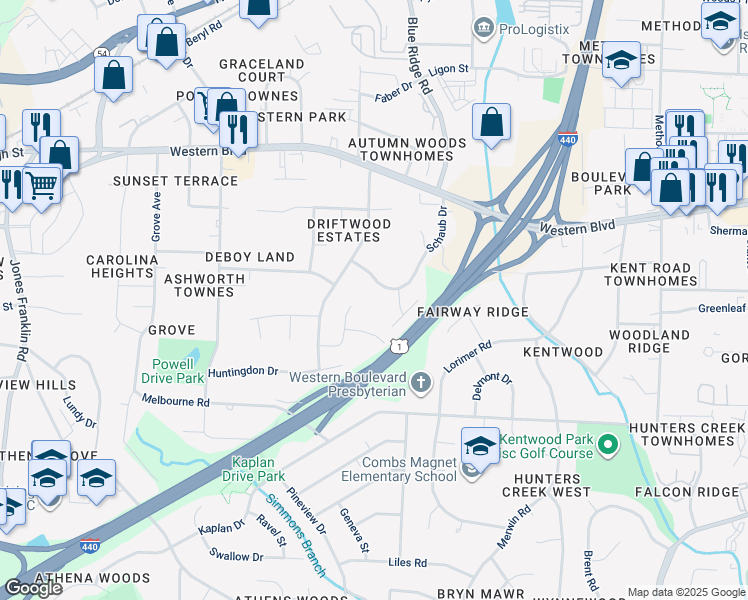 map of restaurants, bars, coffee shops, grocery stores, and more near 1261 Schaub Drive in Raleigh