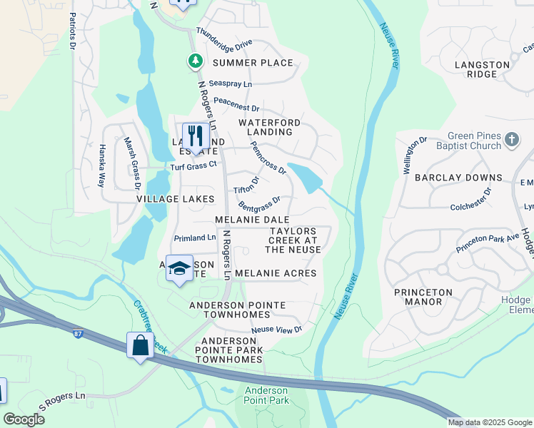 map of restaurants, bars, coffee shops, grocery stores, and more near 505 Dandelion Court in Raleigh