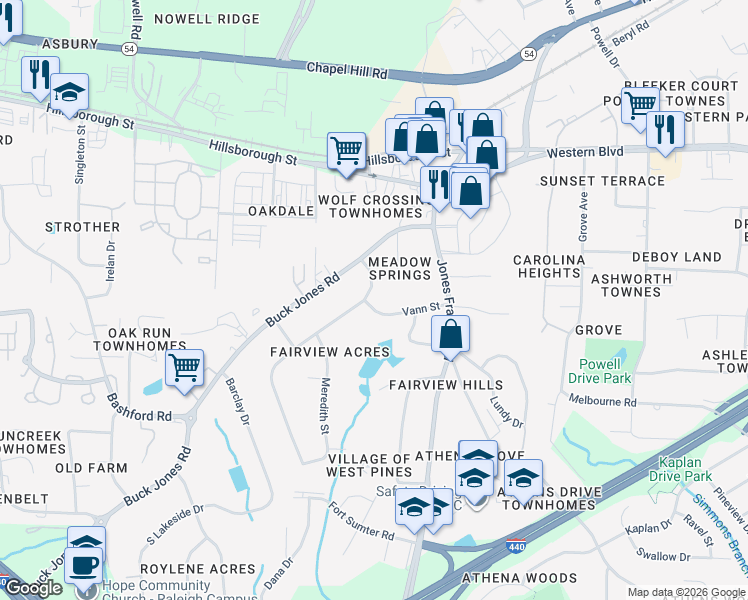 map of restaurants, bars, coffee shops, grocery stores, and more near 119 Wilmot Drive in Raleigh
