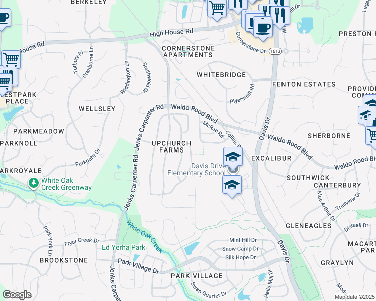 map of restaurants, bars, coffee shops, grocery stores, and more near 257 Joshua Glen Lane in Cary