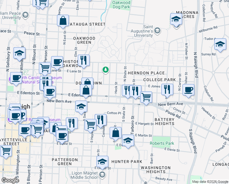 map of restaurants, bars, coffee shops, grocery stores, and more near 901 East Edenton Street in Raleigh