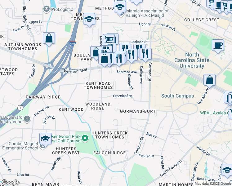 map of restaurants, bars, coffee shops, grocery stores, and more near 4012 Greenleaf Street in Raleigh