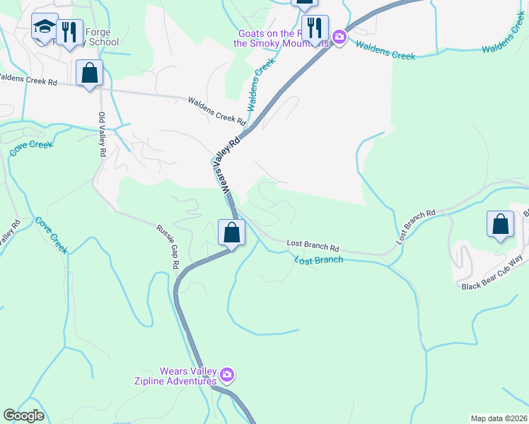 map of restaurants, bars, coffee shops, grocery stores, and more near 1529 Trappers Ridge in Sevierville