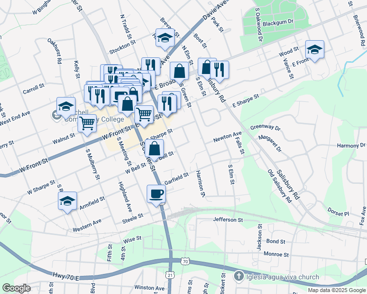 map of restaurants, bars, coffee shops, grocery stores, and more near 216 East Bell Street in Statesville