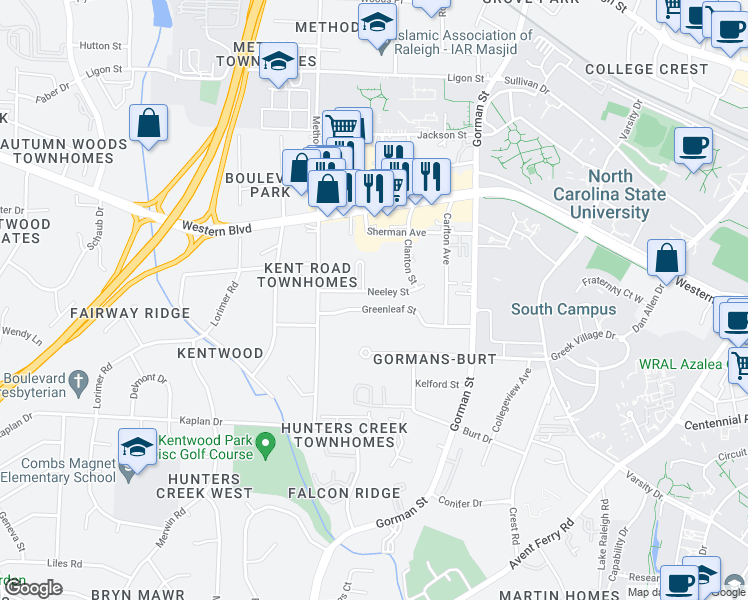 map of restaurants, bars, coffee shops, grocery stores, and more near 4006 Greenleaf Street in Raleigh