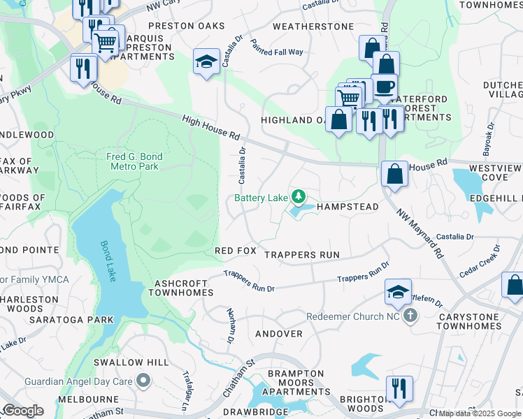 map of restaurants, bars, coffee shops, grocery stores, and more near 203 Wood Hollow Drive in Cary