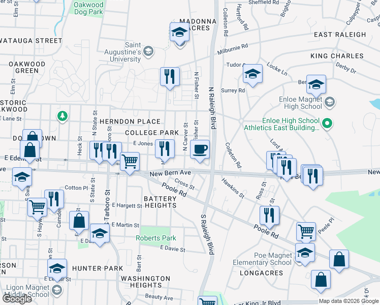 map of restaurants, bars, coffee shops, grocery stores, and more near 1618 Boyer Street in Raleigh