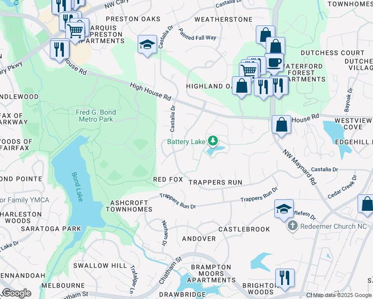 map of restaurants, bars, coffee shops, grocery stores, and more near 203 Wood Hollow Drive in Cary