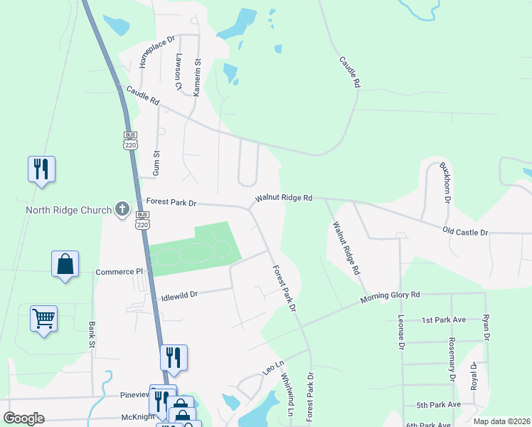 map of restaurants, bars, coffee shops, grocery stores, and more near 2962A Forest Park Drive in Randleman