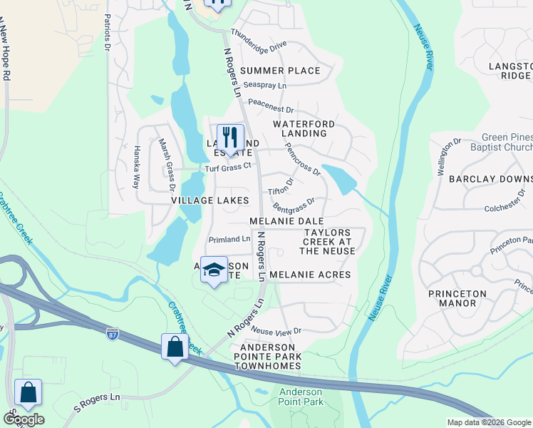 map of restaurants, bars, coffee shops, grocery stores, and more near 5301 Daleview Drive in Raleigh