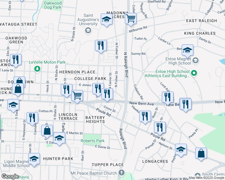 map of restaurants, bars, coffee shops, grocery stores, and more near 1618 Boyer Street in Raleigh