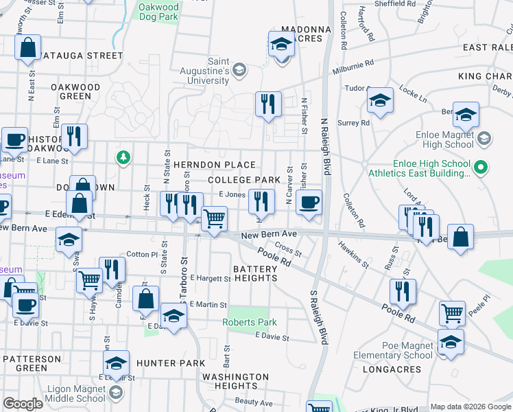 map of restaurants, bars, coffee shops, grocery stores, and more near 1312 Boyer Street in Raleigh