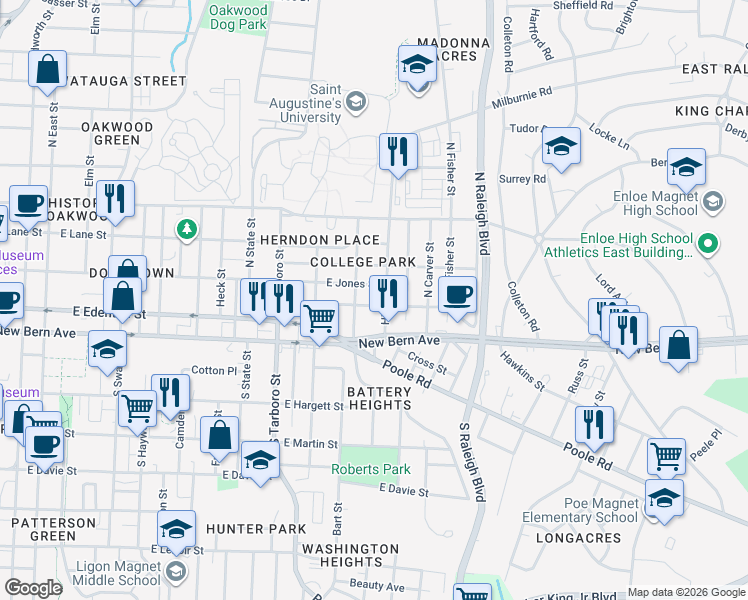 map of restaurants, bars, coffee shops, grocery stores, and more near 1312 Boyer Street in Raleigh