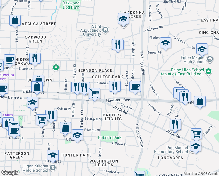 map of restaurants, bars, coffee shops, grocery stores, and more near 1312 Boyer Street in Raleigh