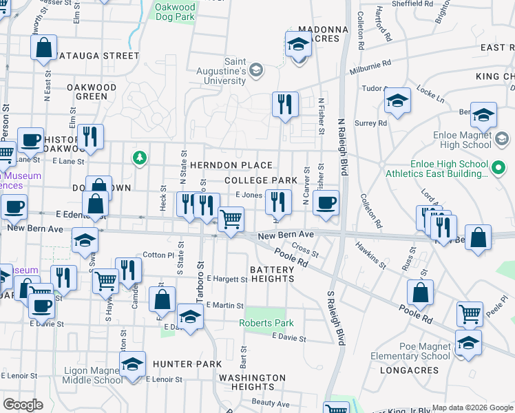map of restaurants, bars, coffee shops, grocery stores, and more near 1212 Boyer Street in Raleigh
