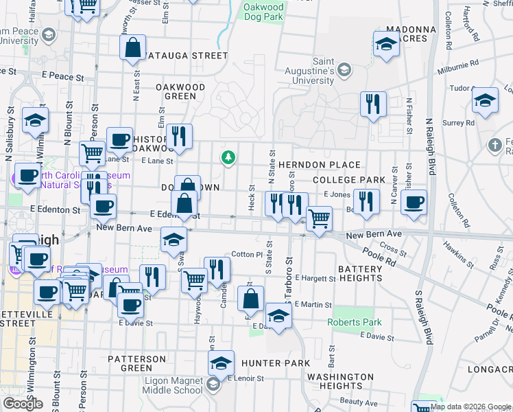 map of restaurants, bars, coffee shops, grocery stores, and more near 105 North State Street in Raleigh