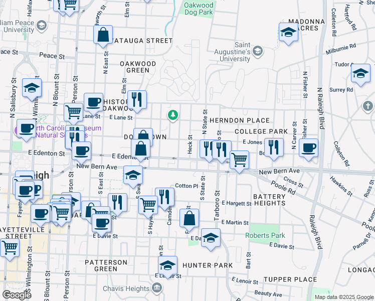map of restaurants, bars, coffee shops, grocery stores, and more near 901 East Edenton Street in Raleigh