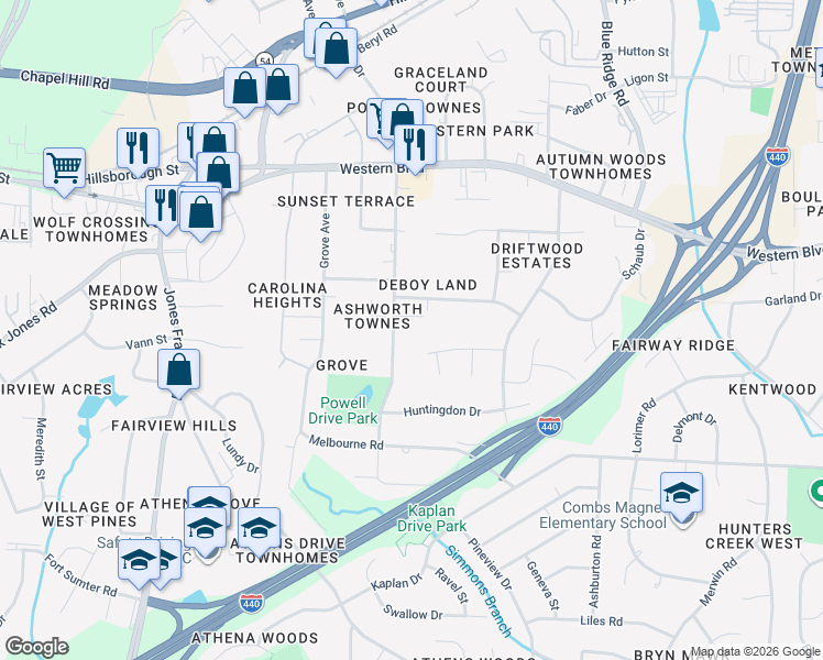 map of restaurants, bars, coffee shops, grocery stores, and more near 715 Powell Drive in Raleigh
