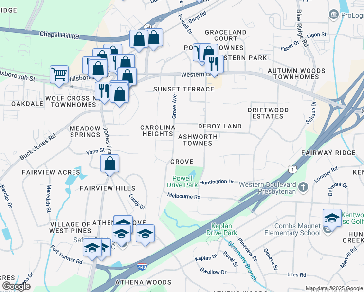 map of restaurants, bars, coffee shops, grocery stores, and more near 725 Grove Avenue in Raleigh
