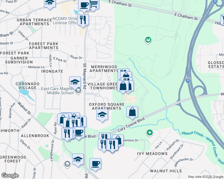 map of restaurants, bars, coffee shops, grocery stores, and more near 928 Hampshire Court in Cary