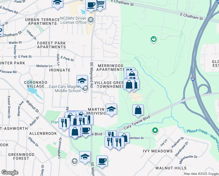 map of restaurants, bars, coffee shops, grocery stores, and more near 1002 Randolph Court in Cary