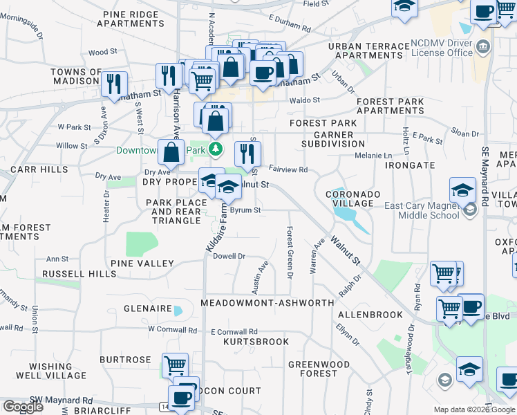 map of restaurants, bars, coffee shops, grocery stores, and more near 120 Byrum Street in Cary