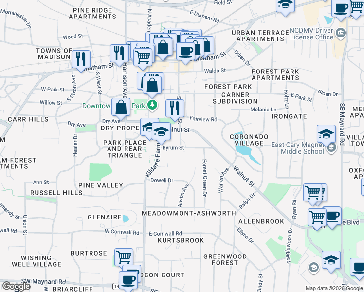map of restaurants, bars, coffee shops, grocery stores, and more near 120 Byrum Street in Cary