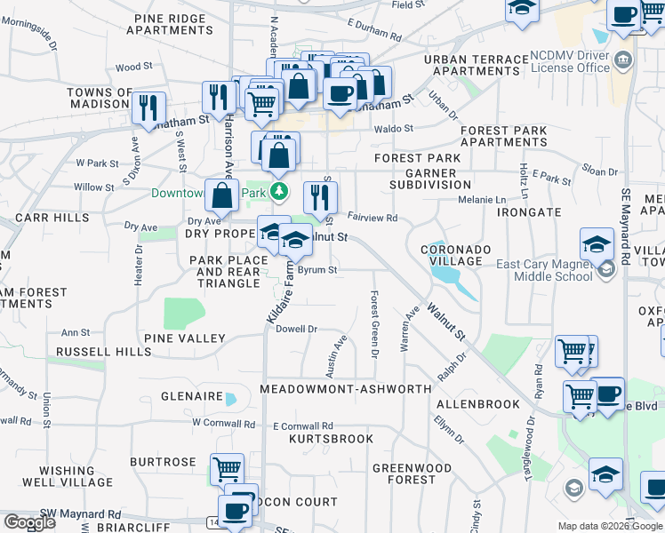map of restaurants, bars, coffee shops, grocery stores, and more near 120 Byrum Street in Cary