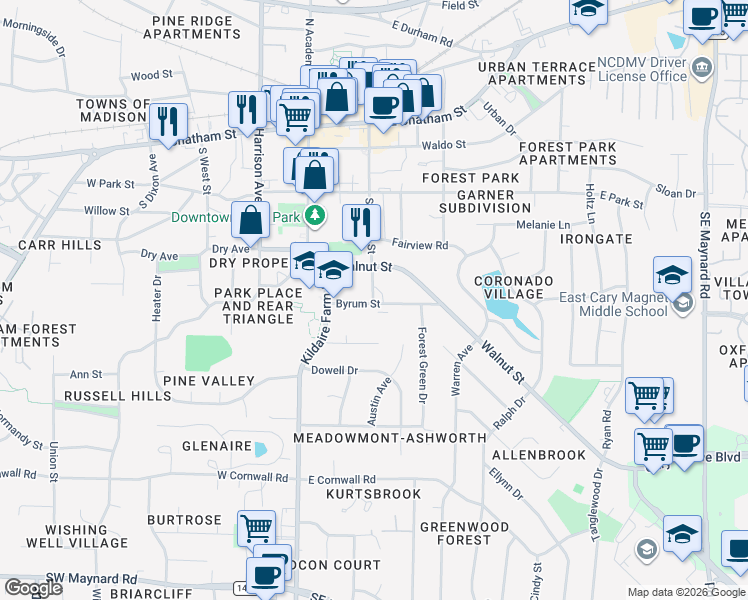 map of restaurants, bars, coffee shops, grocery stores, and more near 120 Byrum Street in Cary