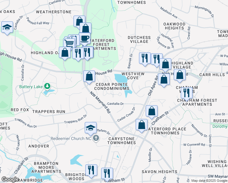 map of restaurants, bars, coffee shops, grocery stores, and more near 156 Lake Hollow Circle in Cary