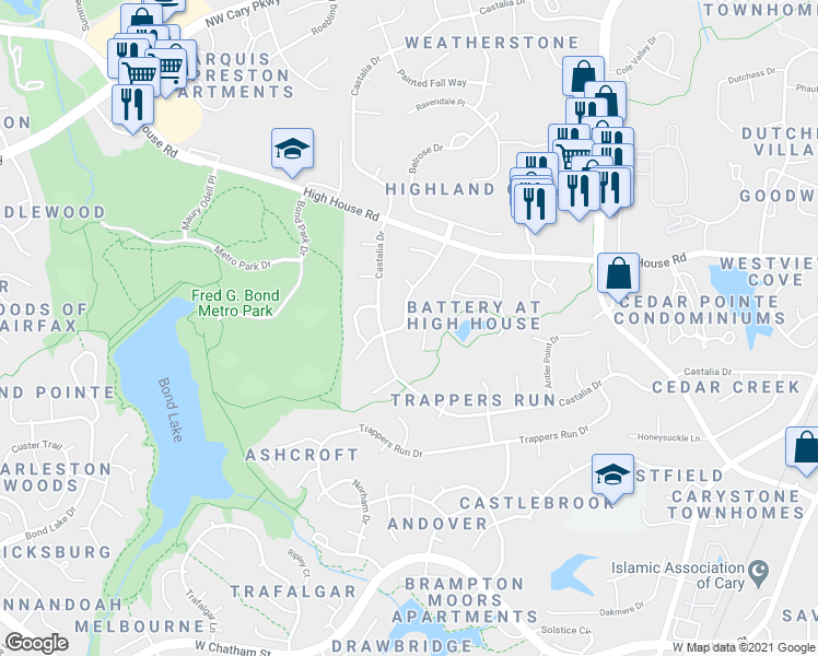 map of restaurants, bars, coffee shops, grocery stores, and more near 205 Wood Hollow Drive in Cary