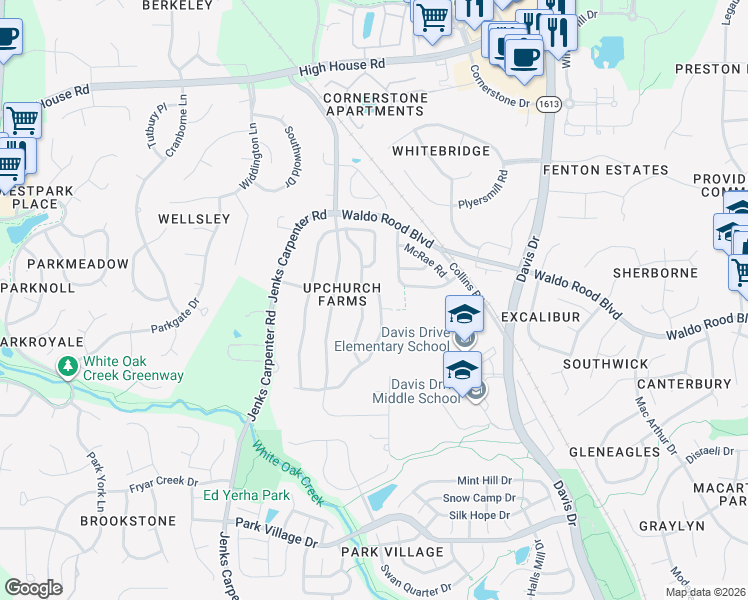 map of restaurants, bars, coffee shops, grocery stores, and more near 257 Joshua Glen Lane in Cary
