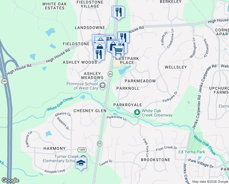 map of restaurants, bars, coffee shops, grocery stores, and more near 109 Park Oaks Court in Cary