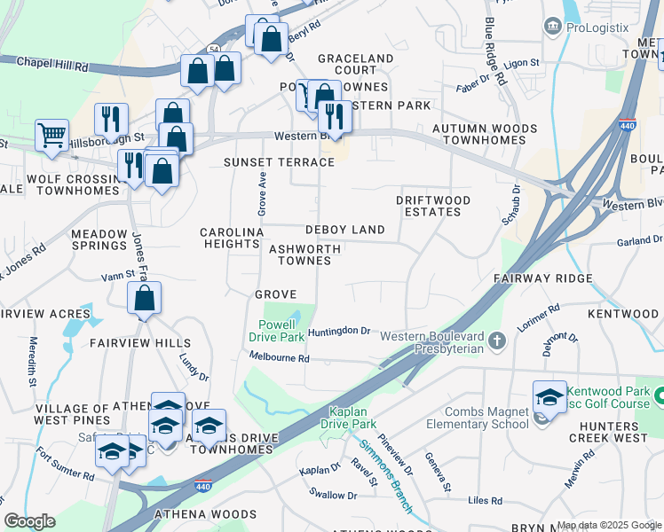 map of restaurants, bars, coffee shops, grocery stores, and more near 715 Powell Drive in Raleigh